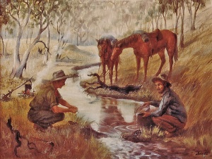 Gold panning - oil painting by Julie Duell